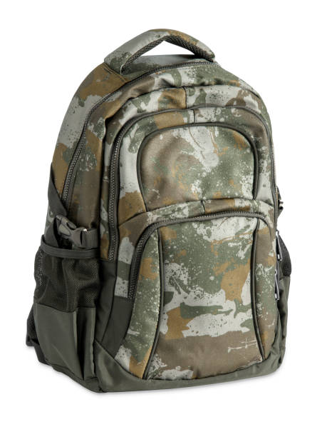 A DSLR photo of a backpack in green / brown tones isolated on a white background.