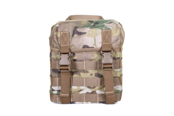 small army combat rucksack isolated white background, studio shot