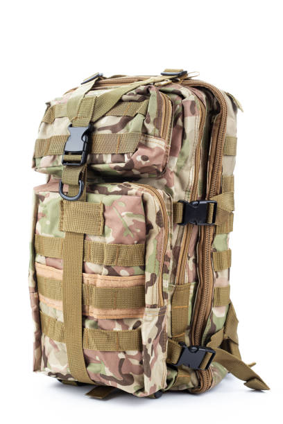 Military backpack of khaki color on a white background, it can be used for hunting and tourism.