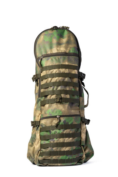 Military backpack isolated on a white background, close up