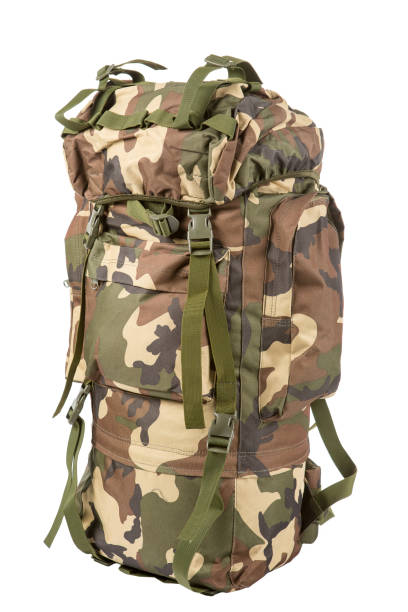 large camouflage backpack, for hunting or fishing, for a warrior, packed, on white background, isolate