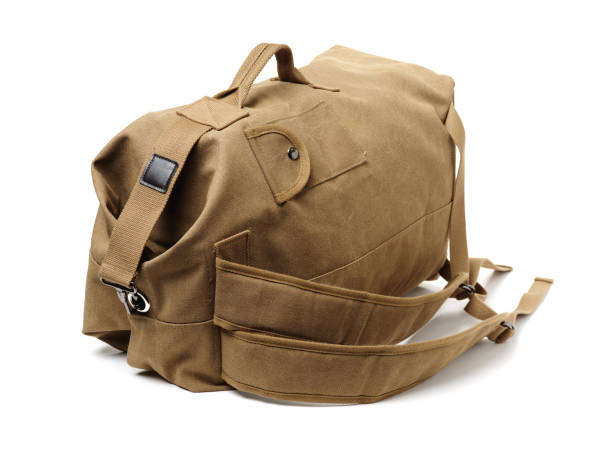 Backpack from fabric of color khaki on white background