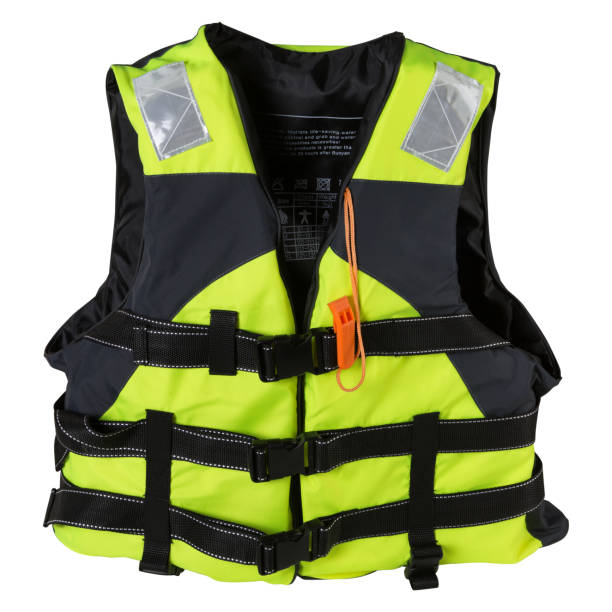 green life jacket with a whistle, on a white background, frontal, buttoned, isolate