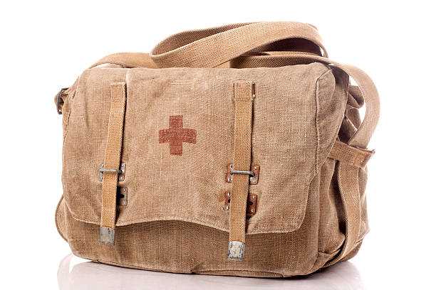 Old first aid military bag isolated on white