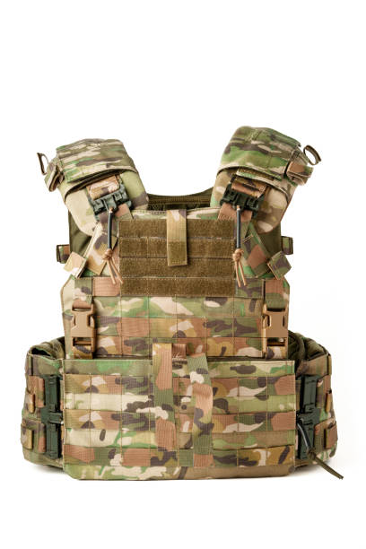 Camouflage bulletproof vest isolated on white background, armor protection